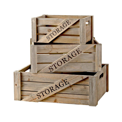 Set of 3 Large Decorative Wooden Crates, Rustic Nesting Storage Wood Crate Boxes with Handles, Farmhouse Stackable Wooden Containers for Display (Rustic Gray)