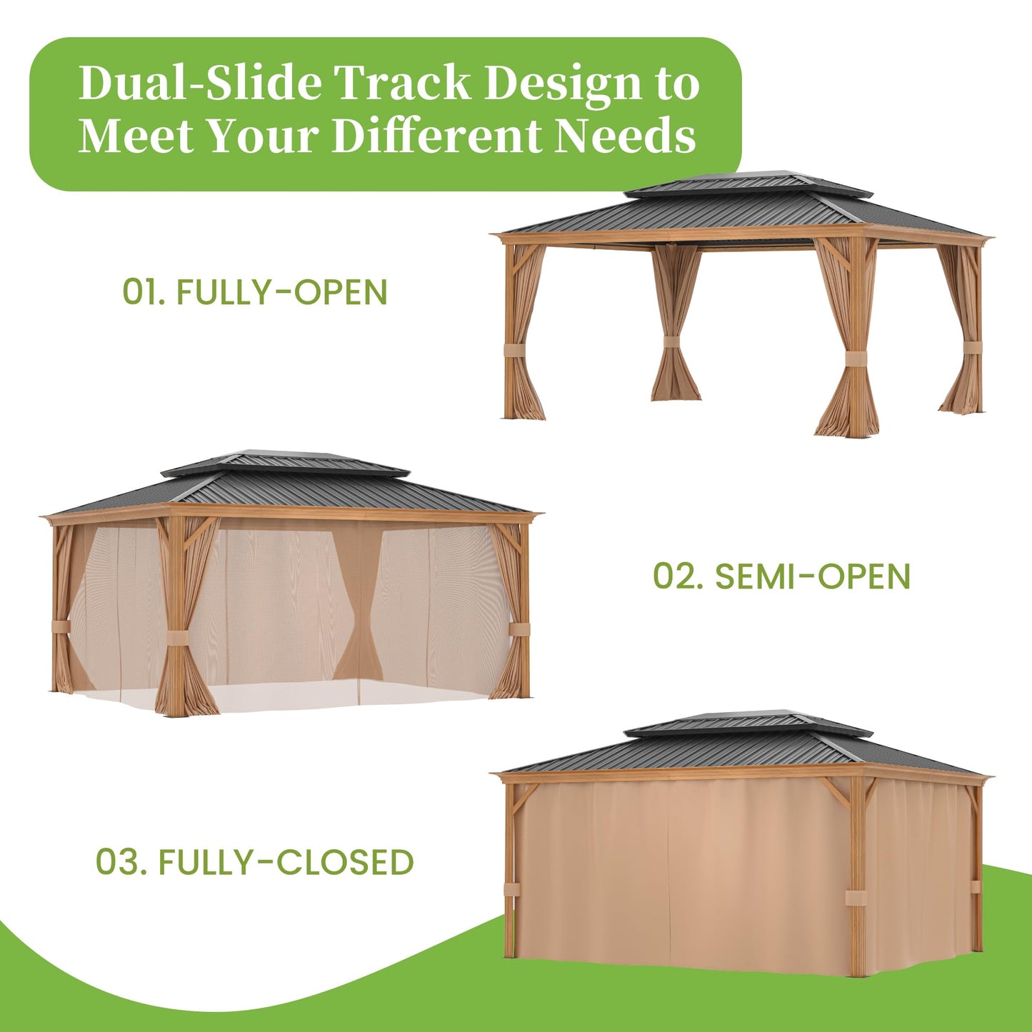 12' x 16' Hardtop Gazebo, Metal Gazebos with Aluminum Frame, Double Galvanized Steel Roof, Outdoor Permanent Gazebo with Curtains and Netting for Patio Lawn Backyard and Garden(Woodgrain Grey - WoodArtSupply