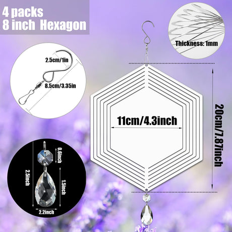 4Pack 8inch Sublimation Wind Spinner Blanks 3D Aluminum Metal Wind Sculpture Kinetic Spinners for Yard and Garden Indoor Art Ornaments Hanging Decoration (Hexagon) WindMage