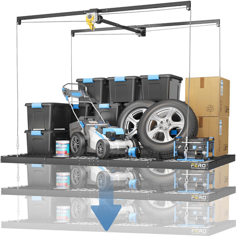 Overhead Garage Storage Rack – 4x8 FT Garage Ceiling Storage Racks with Safety Lock, Heavy-Duty Ceiling Mounted Lift System and Storage Organizer, Ideal for Maximizing Overhead Space, 325 lbs Capacity FERO