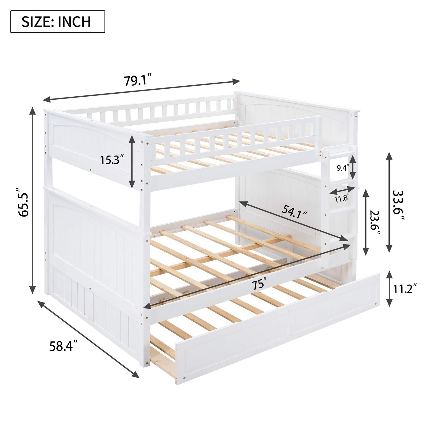 SOFTSEA Wooden Bunk Bed Full Over Full with Trundle for 3, Divided Into Two Separate Full Beds, White