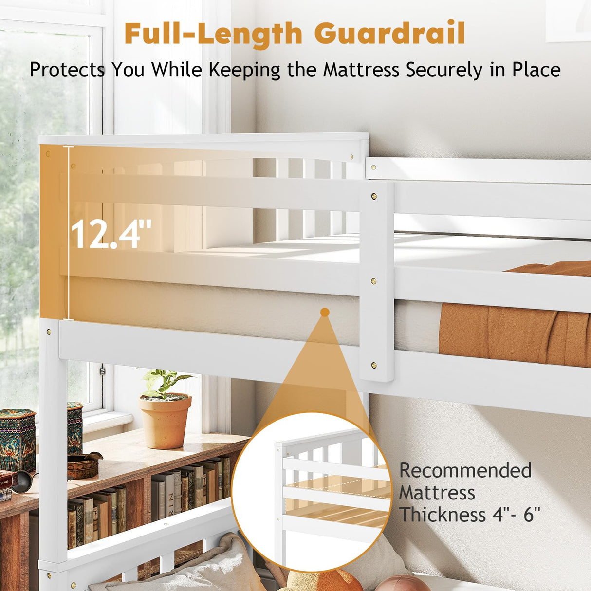 Zevemomo Wooden Low Bunk Bed Twin Over Twin, Solid Pine Bed Frame with Built-in Ladder, Convertible Bed Frame That Separates into 2 Twin Beds, Floor Bunk Bed for Small Spaces, Bedroom, White Zevemomo