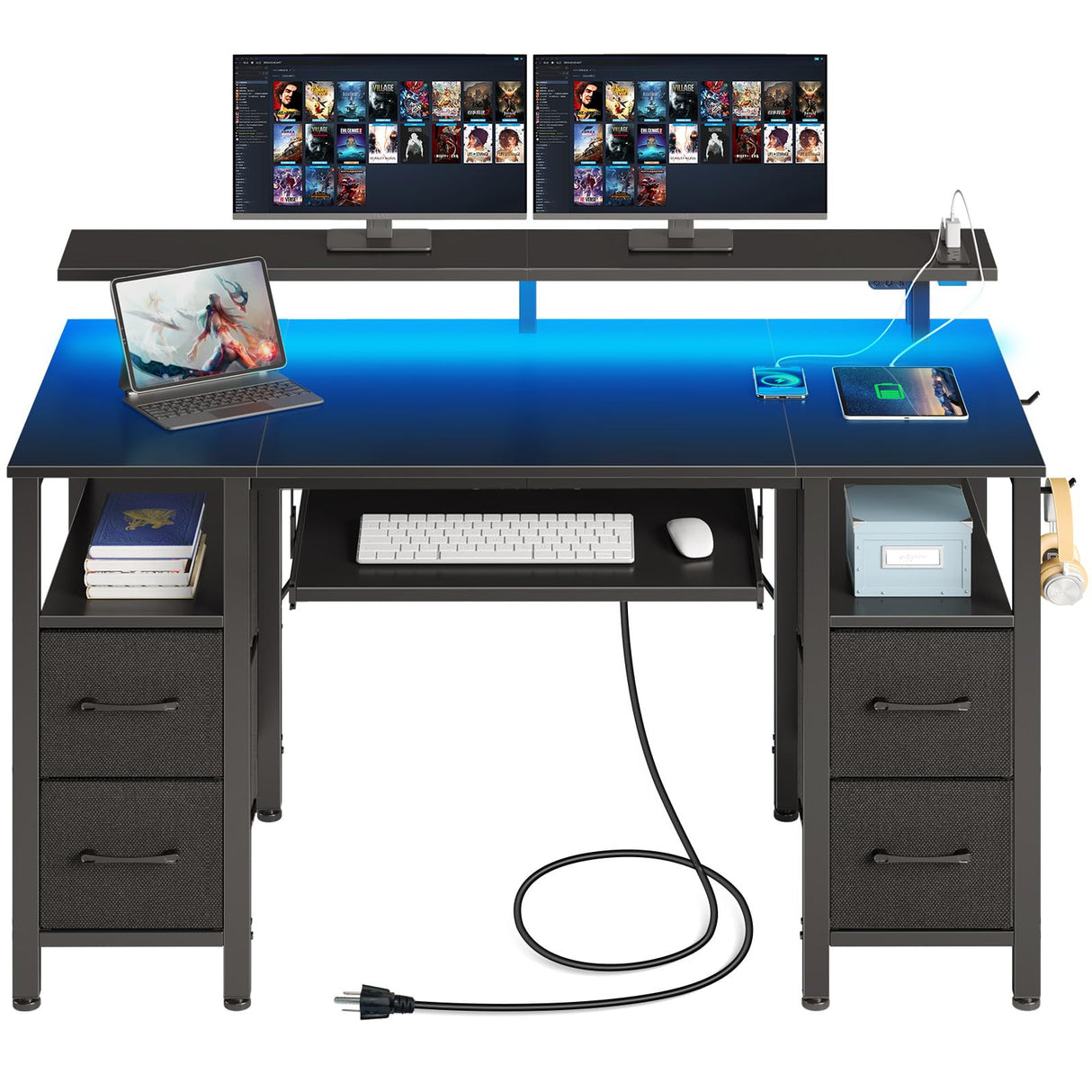 Seventable Computer Desk 55.1" with LED Lights & Power Outlets, Home Office Desk with 4 Drawers, Writing Desk with Keyboard Tray, Study Desk with Monitor Stand, Work Desk for Home Office, Black Seventable