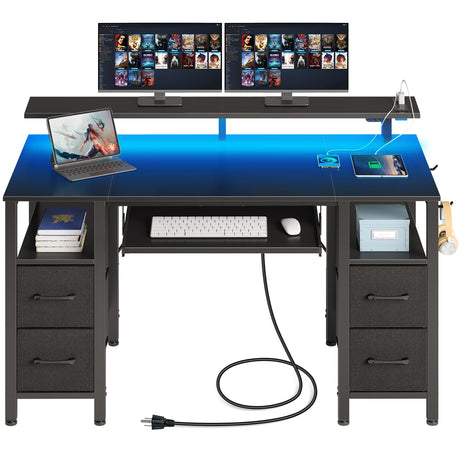 Seventable Computer Desk 55.1" with LED Lights & Power Outlets, Home Office Desk with 4 Drawers, Writing Desk with Keyboard Tray, Study Desk with Monitor Stand, Work Desk for Home Office, Black Seventable