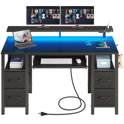 Seventable Computer Desk 55.1" with LED Lights & Power Outlets, Home Office Desk with 4 Drawers, Writing Desk with Keyboard Tray, Study Desk with Monitor Stand, Work Desk for Home Office, Black