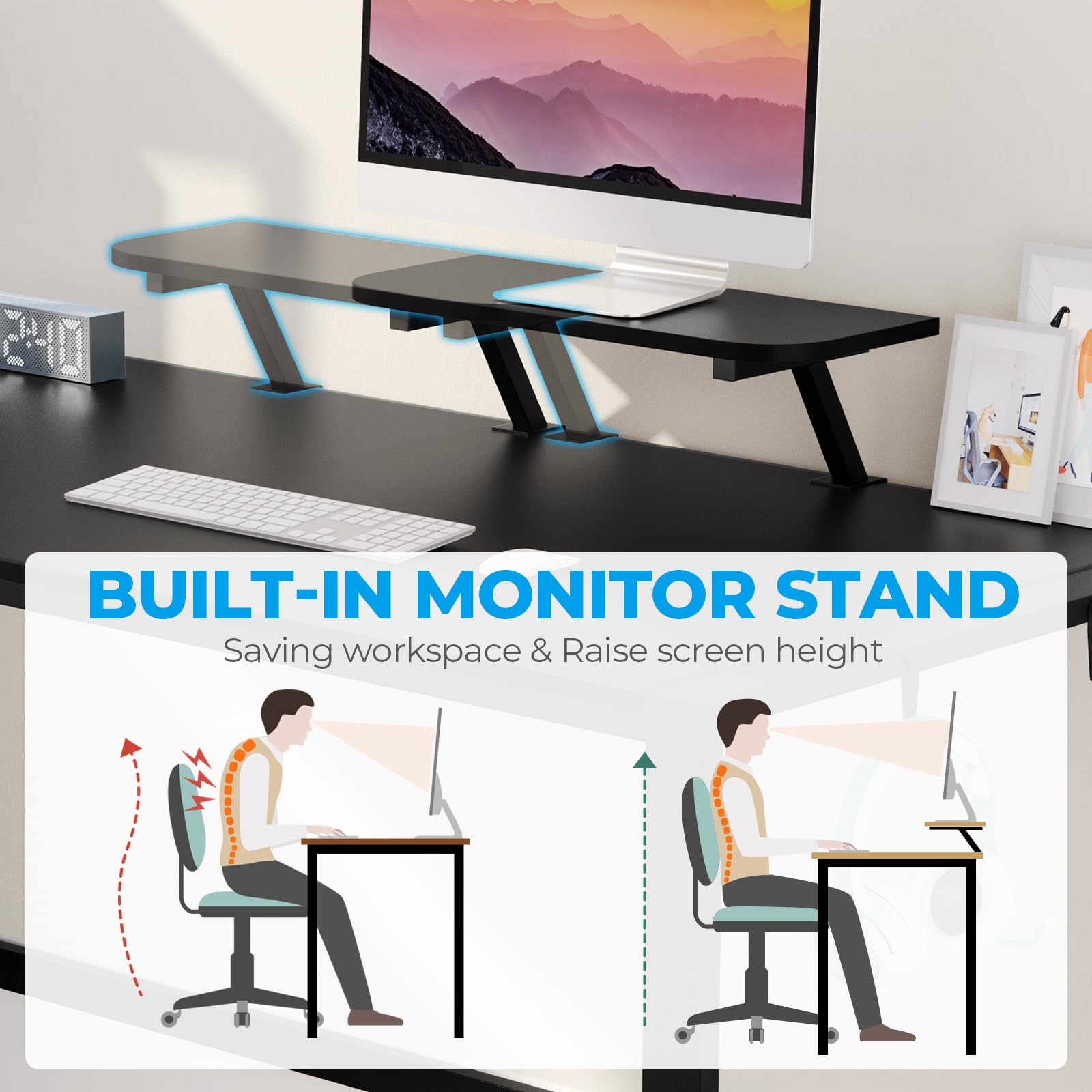 GreenForest Computer Desk 67 inch with Storage Printer Shelf, Reversible Gaming Home Office Desk Large Study Writing Table with Movable Monitor Stand and 2 Headphone Hooks for PC Working, Bla - WoodArtSupply