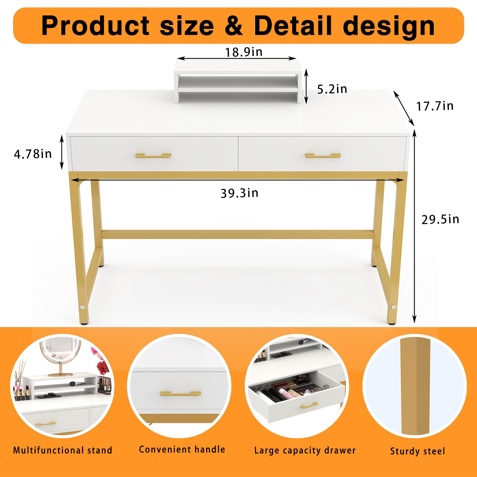 WESTREE Women Makeup Vanity Desk with 2 Drawers - Bedroom Home Office Desk, Wooden Height Monitor Stand & Storage Shelf Without Mirror, White Table - WoodArtSupply