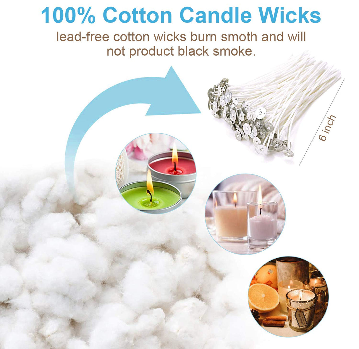 DINGPAI 100pcs Cotton Candle Wicks, 6 inches Low Smoke Pre-Waxed Wicks for Candle Making, DIY DINGPAI