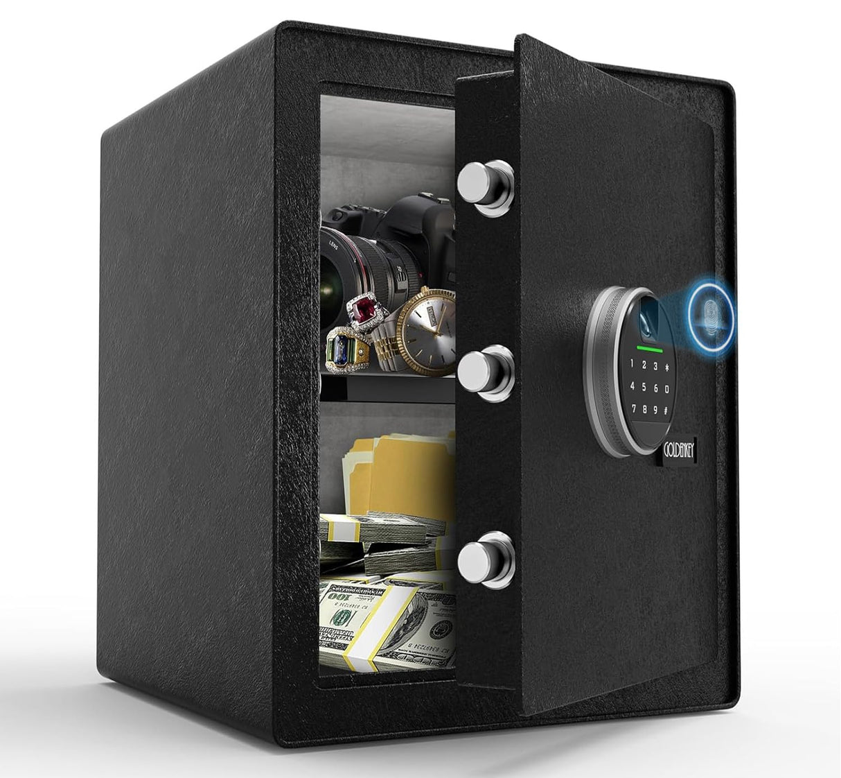 <2.3 Cu.Ft> Biometric Safe with Fingerprint Lock and Code,Strong Steel Digital Safe box with Removable Shelf for Document, Valuables and Guns in Home, Office or Hotel, 13.79"D x 13.79"W x 15.75"H GOLDENKEY