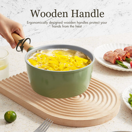 ROCKURWOK Ceramic Nonstick Sauce Pan with Lid, 2 Quart Cooking Pot, Small Saucepan with Steamer, PTFE& PFAS-Free, Wooden Handle for Cool Touch, Universal Base(Gas, Electric & Induction), Green ROCKURWOK