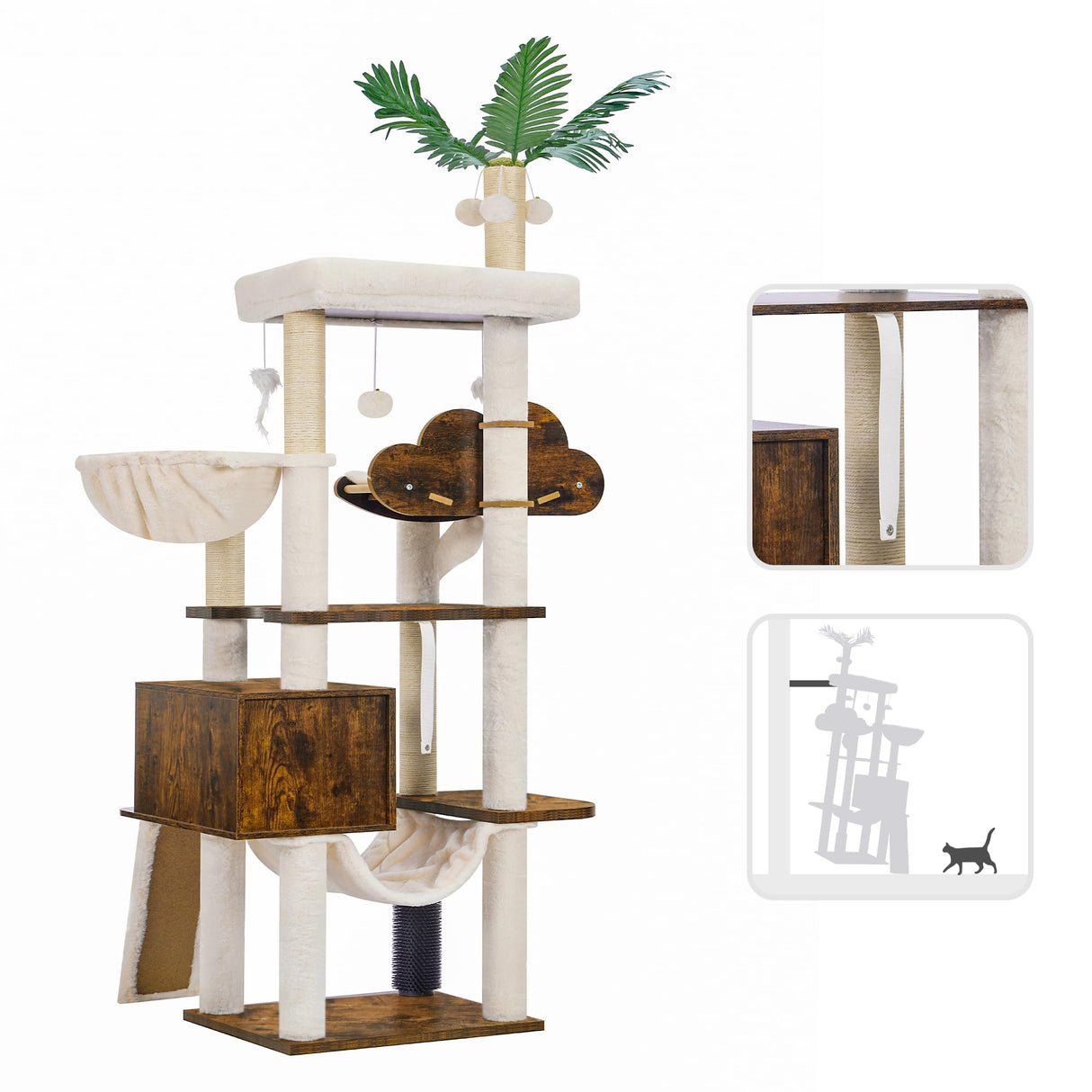 Hebly Wood Cat Tree for Indoor Cats, Cat Condo for Large Cats with Self Groomer,Modern Cat Scratching Tower with Basket,Hammock,Dangling Ball and leaves,Rustic Brown HCT120SR Heybly