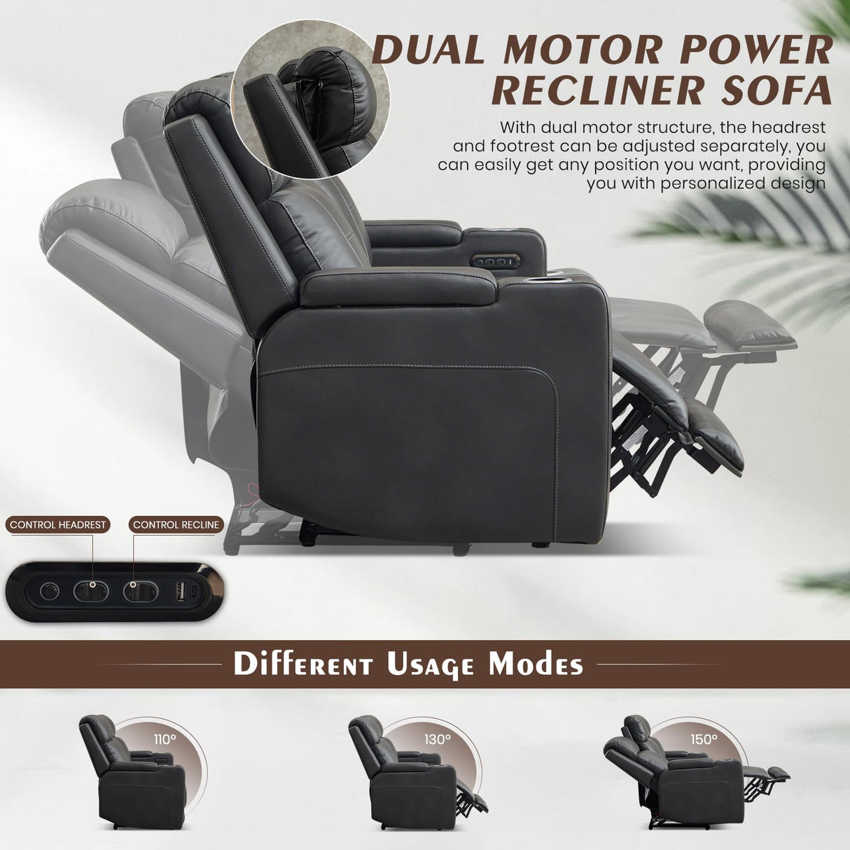 Neptane Power Reclining Sofa with Adjustable Headrest, Home Theater Seating Reclining Couch with LED Light/Outlet/Storage/USB&Type-C, Power Loveseat Recliner Sofa for Living Room (Grey&Black, Sofa) Neptane