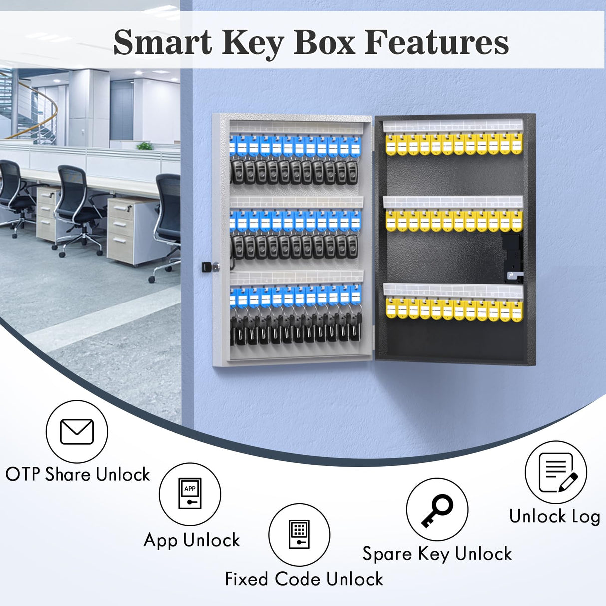 72 Key Cabinet Organizer,Metal Key Lock Box Wall Mount use OTP Technology Unlock,Fixed Password/Bluetooth Unlock, App Remotely Generates Pin Codes DiDiHere