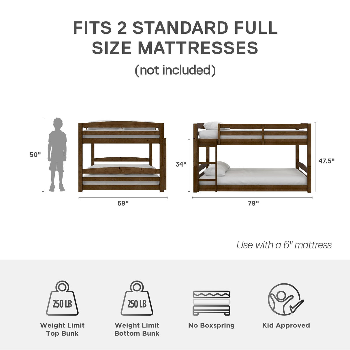 DHP Phoenix Convertible Low Wood Floor Bunk Bed, Stackable and Detachable Bed Frames for Kids, Solid Wood, with Ladder, High Guardrail, Wood Slats, No Boxspring Required, Full-Over-Full, Mocha DHP