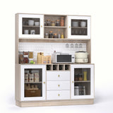 VOWNER Pantry Cabinet, Kitchen Storage Cabinet, Freestanding Buffet Hutch with Pegboard, Cup Holder, Power Outlet, 4 Doors & 3 Drawers, Cupboard with Microwave Shelf & Wine Racks (White and Oak Color) VOWNER