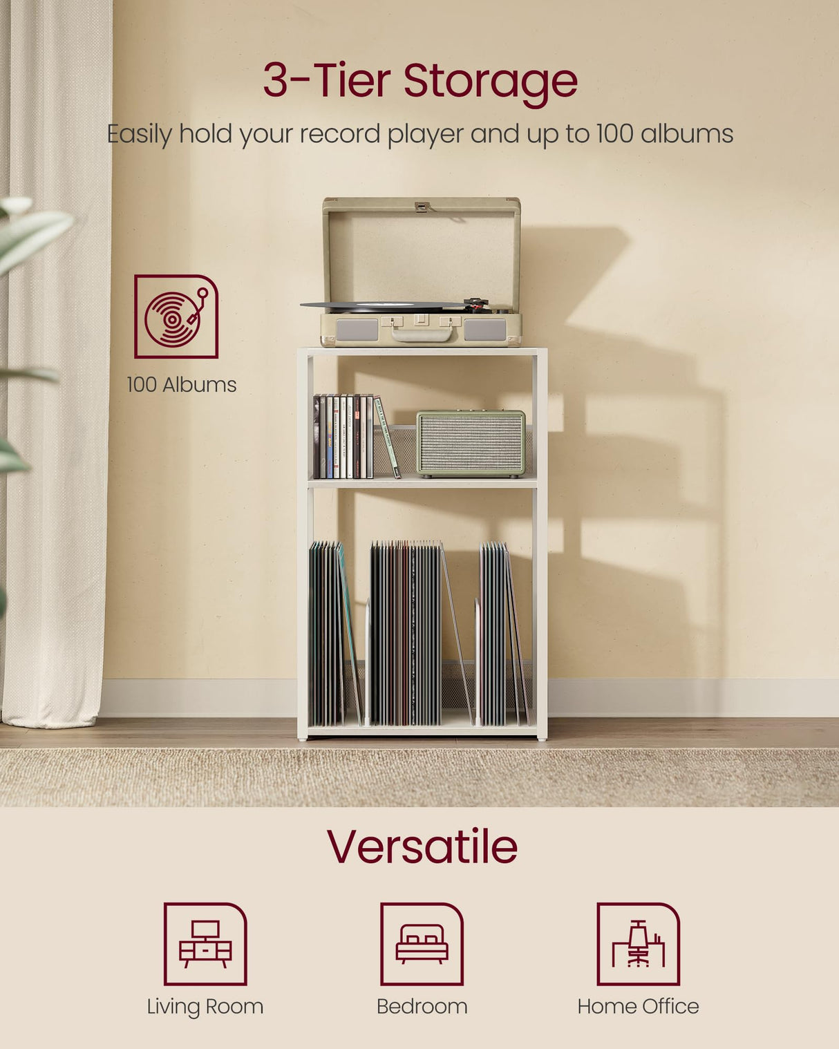 VASAGLE Record Player Stand, 3-Tier Side Table, Vinyl Record Storage up to 100 Albums, End Table for Living Room, Bedroom, Rustic White ULET275W01 VASAGLE