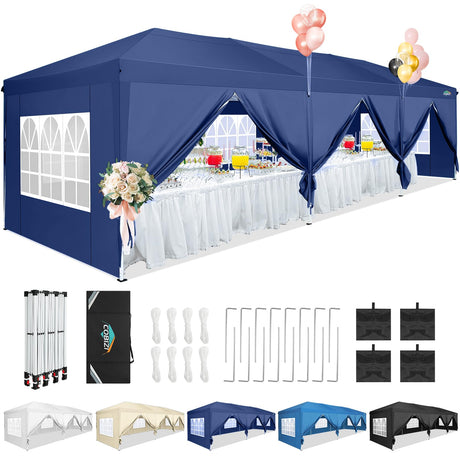 COBIZI 10x30 Canopy Party Tent with 8 Walls 10x30 Pop Up Tent for Parties Waterproof UPF 50+ Outdoor Commercial Event Tent for Party Backyard Gazebo Canopy with Sidewalls & Sandbags(navy blue,10x30ft COBIZI