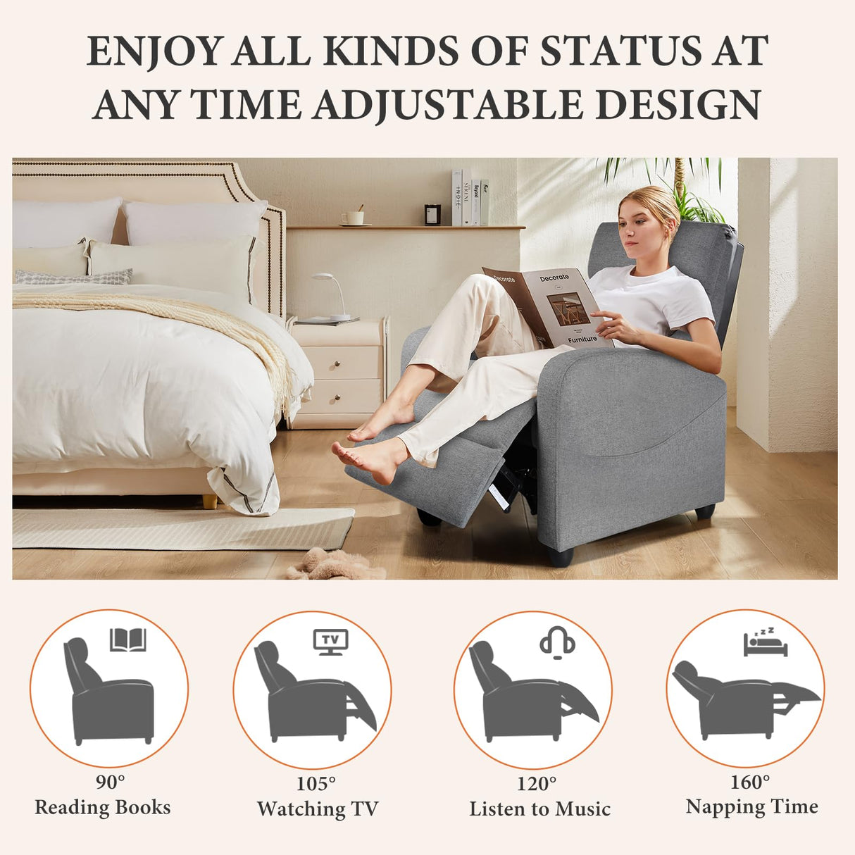 Sweetcrispy Massage Recliner Chair for Adults, Adjustable Home Theater Seating with Lumbar Support, Small Recliners for Small Spaces, Dark Grey Sweetcrispy