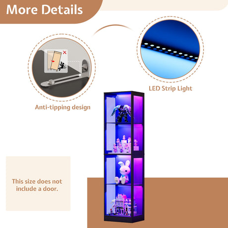 Jocisland 18x14 Inch Display Cabinet with RGB Lights, 4-Tier Storage Display Case for Collectibles, Adjustable Shelves, MDF and Tempered Glass, Black Jocisland