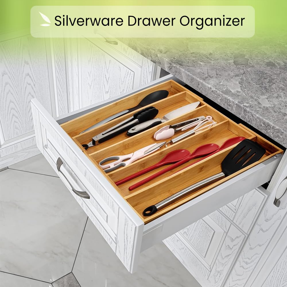 Purawood Kitchen Drawer Organizer - Expandable Utensil Drawer Organizer for Kitchen, Cutlery Tray & Silverware Drawer Organizer, 3-5 Slots - Bamboo Drawer Organizer for Utensils & Flatware (Natural)