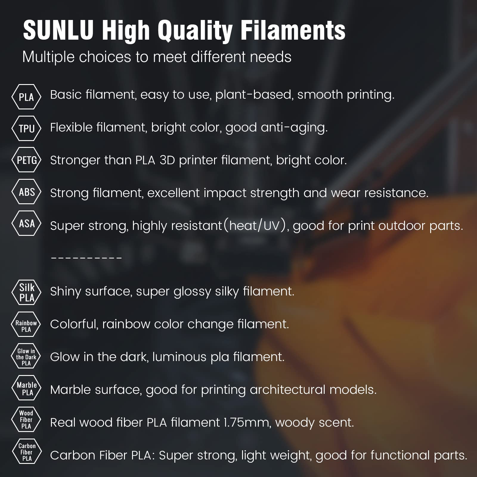 SUNLU 8 Packs ASA Filament 1.75mm, UV Rain Heat Resistant 3D Printer Filament, Great for Outdoor, 1.84kg in Total, 0.23kg per Spool, 8 Packs, 8 Colors, Black+White+Grey+Blue+Green+Red+Orange+ - WoodArtSupply