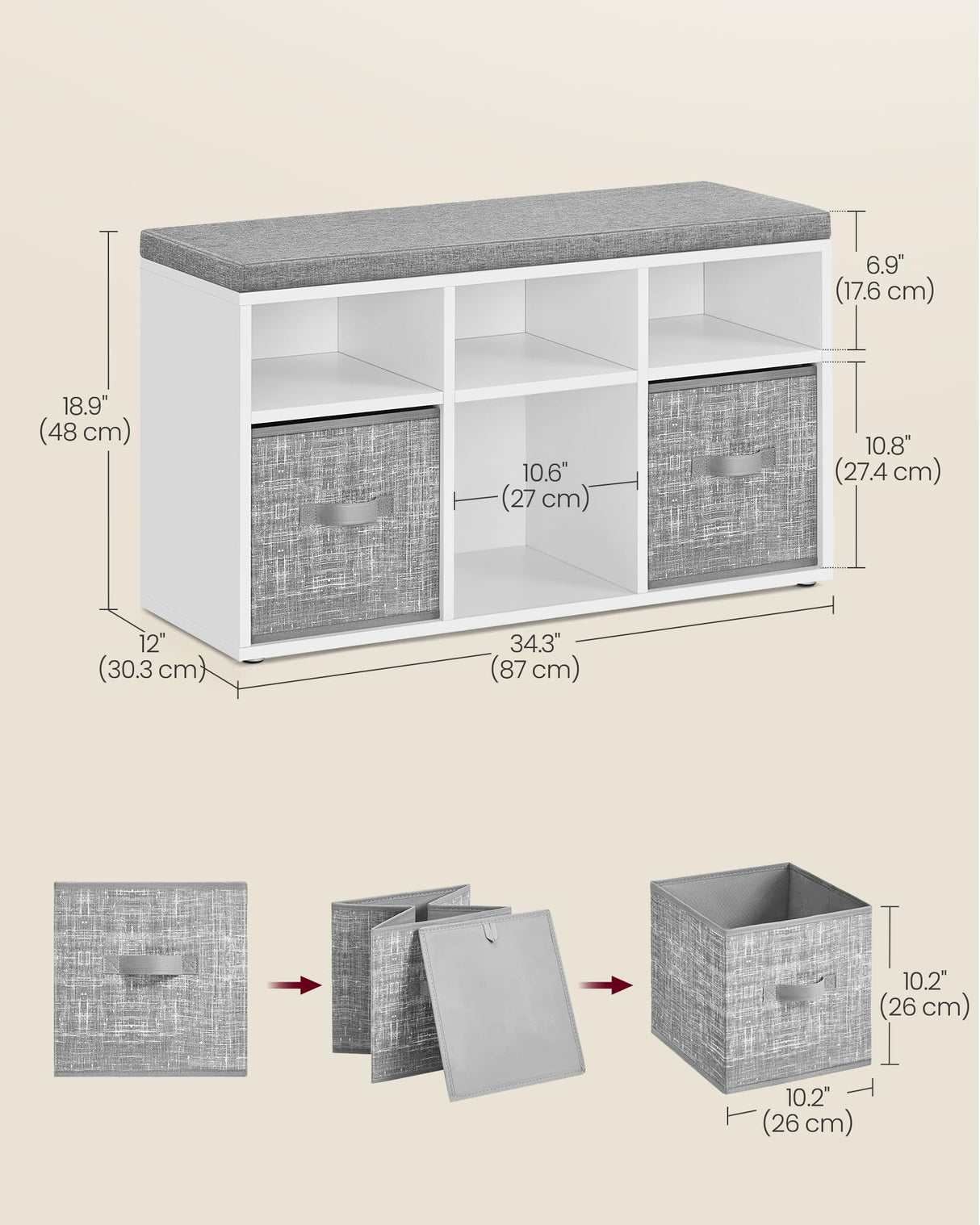 VASAGLE Shoe Bench with Cushion, Shoe Storage Bench with 6 Compartments and 3 Adjustable Shelves, Entryway Bench with 3 Storage Boxes, for Bedroom, Closet, Living Room, Cloud White ULSB101W14 VASAGLE