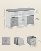 VASAGLE Shoe Bench with Cushion, Shoe Storage Bench with 6 Compartments and 3 Adjustable Shelves, Entryway Bench with 3 Storage Boxes, for Bedroom, Closet, Living Room, Cloud White ULSB101W14 VASAGLE