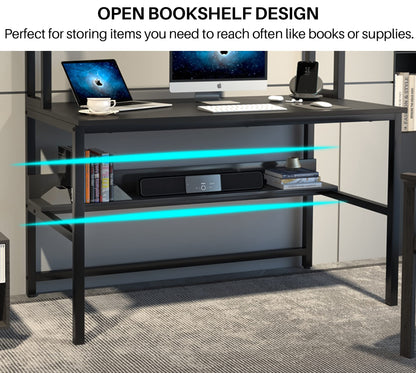 Aquzee 55-Inch Black Computer Desk with Hutch and Bookshelves for Space-Saving Storage - WoodArtSupply