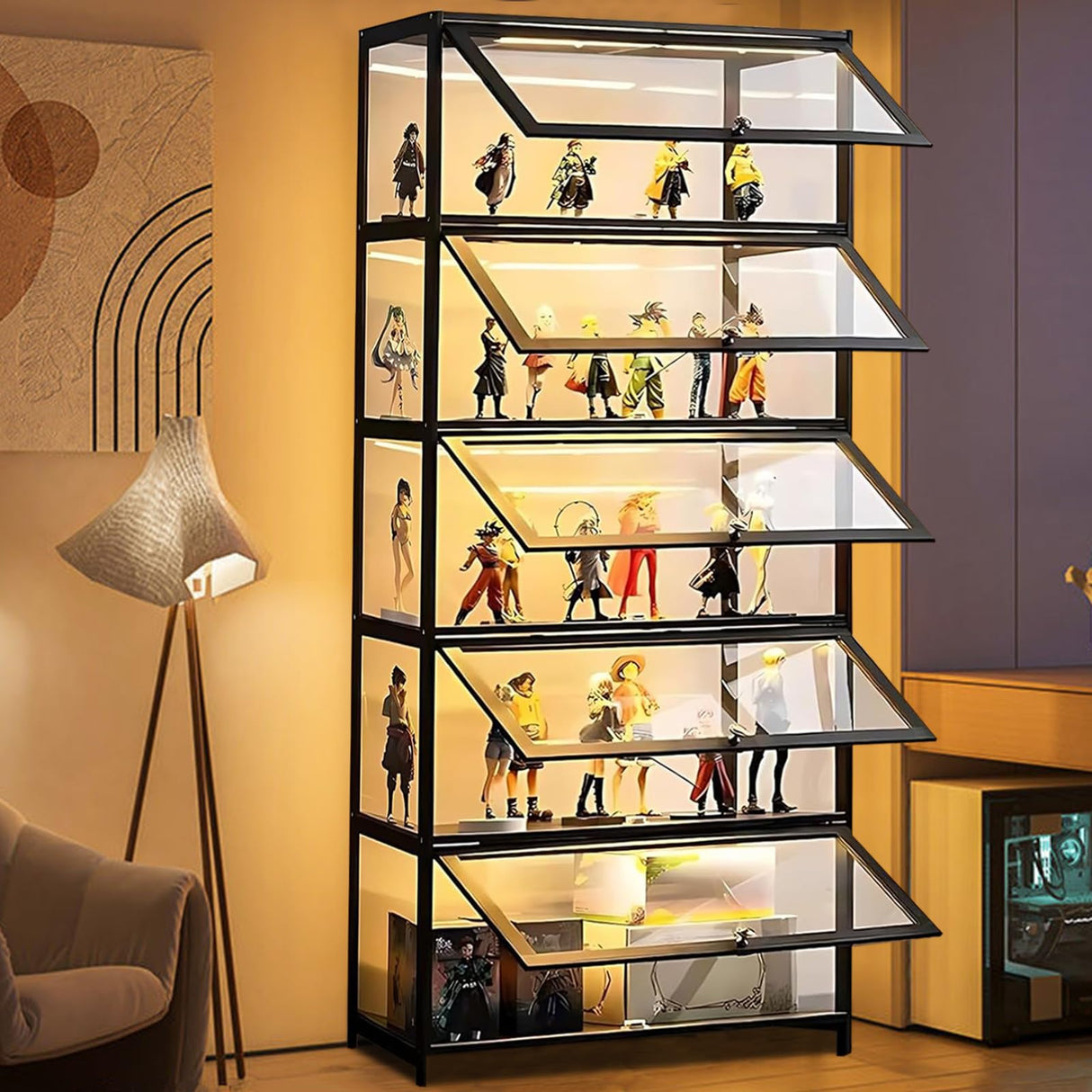 5-Tier Display Cabinet with Acrylic Doors, 67.5" Transparent Curio Display Case for Figures, Collectibles Toy Organizers Rack & Display Shelf, Kids Bookcase for Home, Office, Playroom, Living Room IHGSSKD