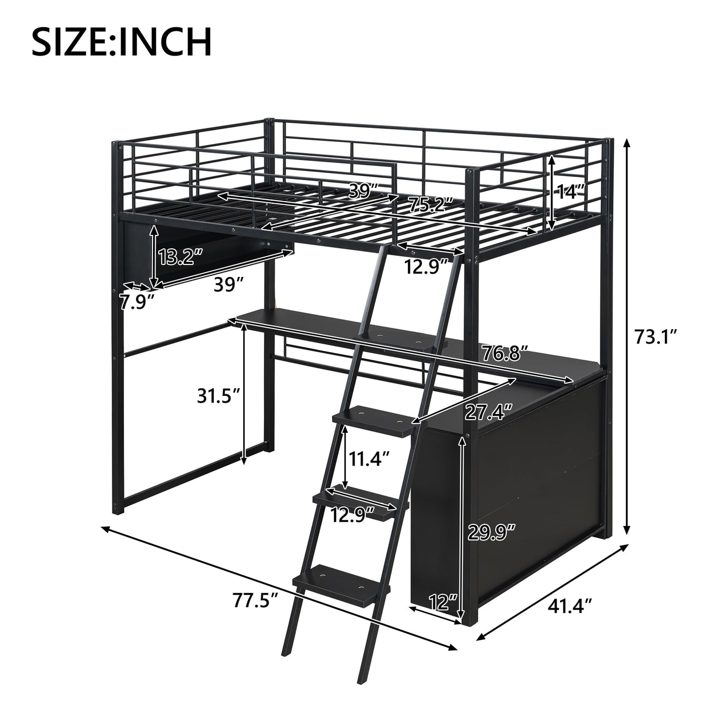 Twin Size Gaming Loft Bed with Desk, LED and 4 Storage Shelves, Metal Twin Loft Bed Frame, High Loft Bed Frame with Storage, Noise-Free, Space-Saving, No Box Spring Needed, Black