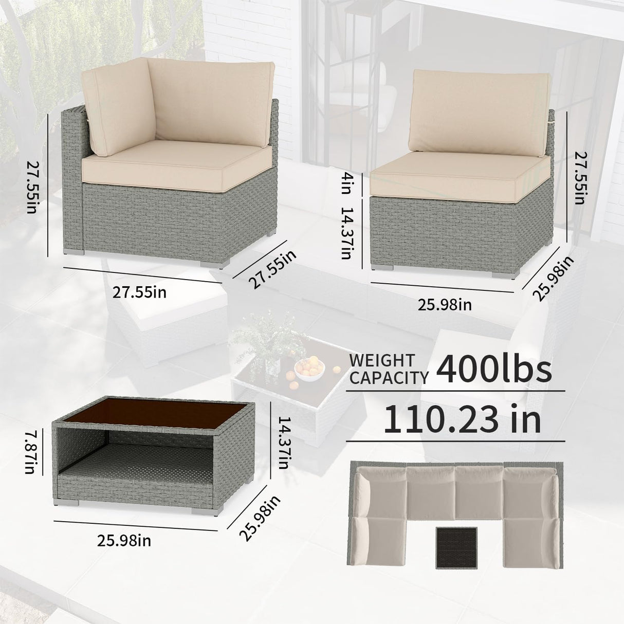 Aug-guan Patio Furniture Set 7-Piece, All-Weather Outdoor Conversation Set Sectional Sofa with Water Resistant Grey Thick Cushions and Coffee Table（Khaki） Aug-guan