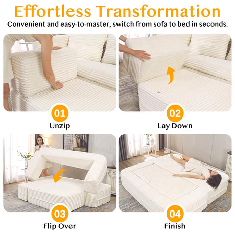 Tabaray 80'' Futon Sofa Bed, King Size Foldable Sleeper Sofa, Corduroy Boneless Loveseat Couch with Chaise Lounge, 3 Pillows, Blanket, Upholstered Sectional Couches for Living Room, Bedroom, Beige Tabaray
