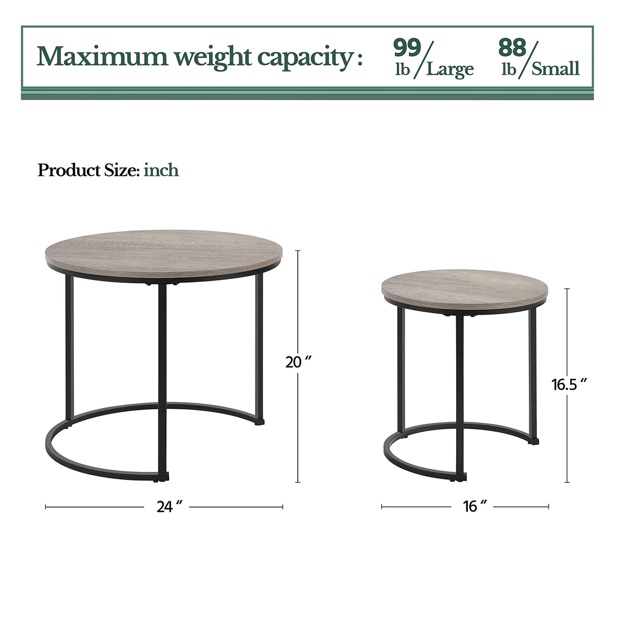 Yaheetech Nesting Coffee Table Set of 2, Nesting Table, Rustic Stacking Side Tables, Nesting End Table Set w/Round Wooden Tabletop and Sturdy Metal Base for Living Room,Small Space, Gray Yaheetech