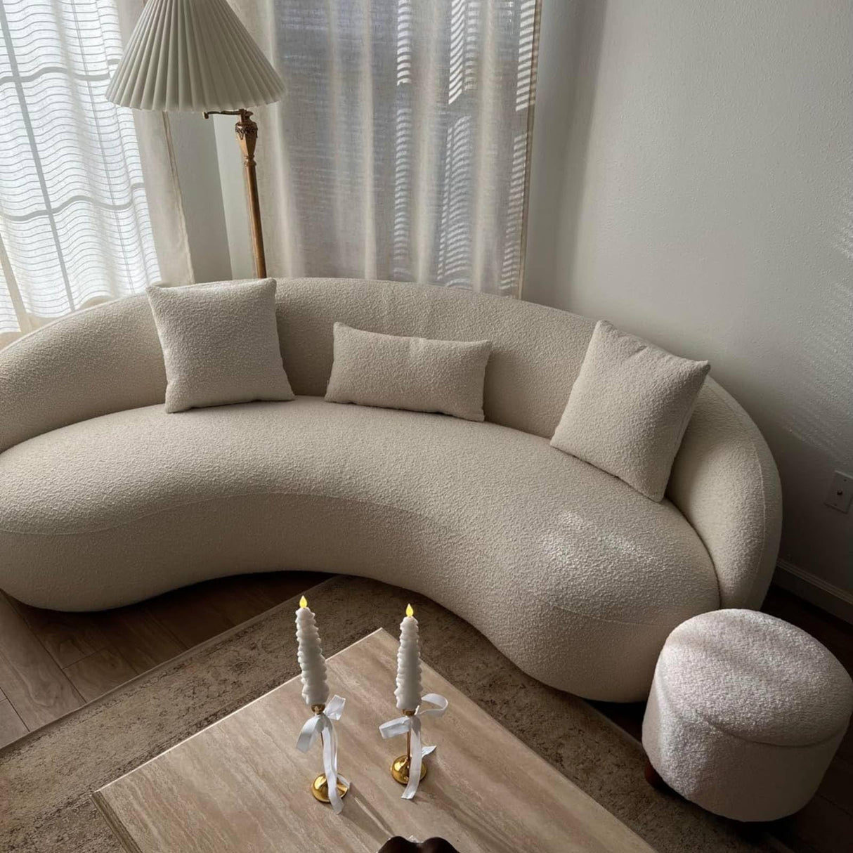 Acanva Modern Curved Sectional Living Room Couch, Minimalist Comfy Boucle Fabric Modular Sofa for Apartment, Home Office, 3-Seater, White Acanva