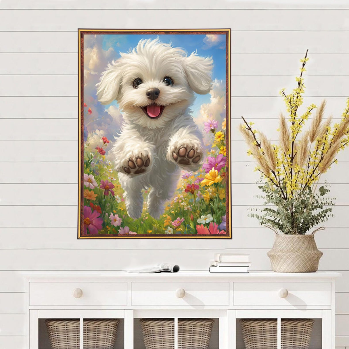 MEIYUDA Dog Diamond Art Kits for Adults, 5D Cute White Doggy Diamond Art Kits for Beginners, DIY Round Full Drill Diamond Gem Art with Painting Tools for Home Wall Decor 12x16 Inch MEIYUDA