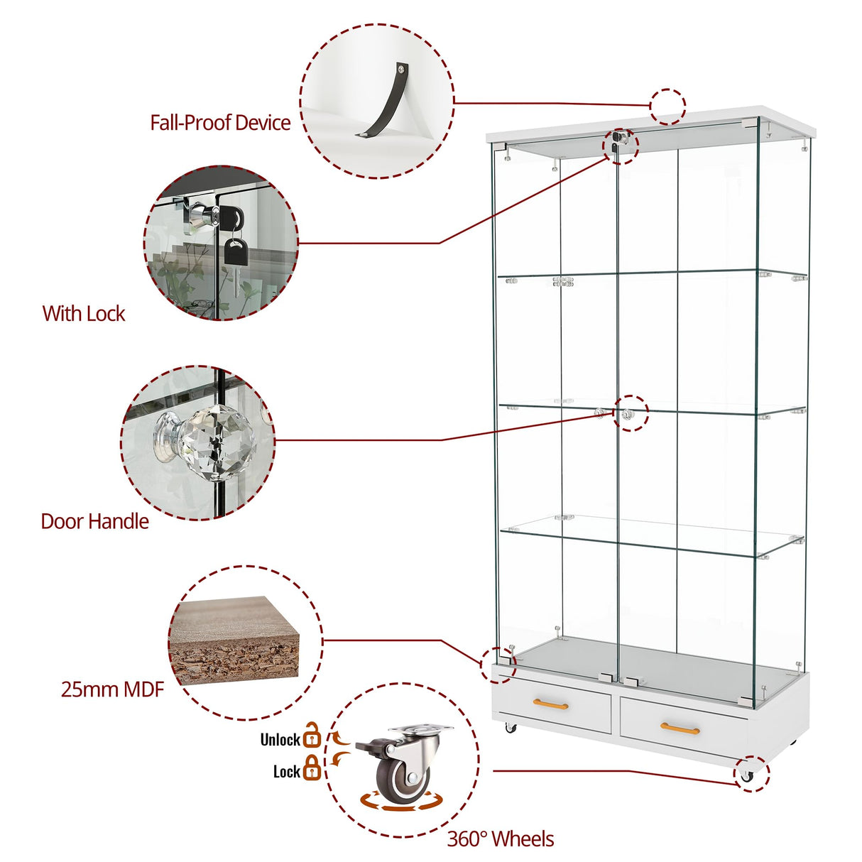 Nimaolt LED Glass Display Cabinet with 2 Door & 2 Drawer, 4-Shelf Curio Cabinet Tempered Glass Floor Standing Bookshelf with Wheels, White Storage Cabinet with Glass Doors for Collections Living Room Nimaolt