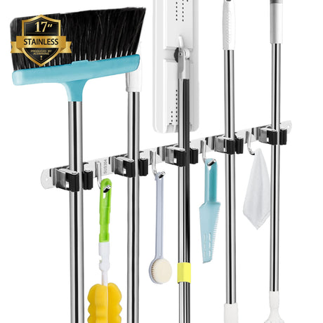 AceMining 5 Racks and 4 Hooks Mop and Broom Holder Wall Mount, Broom Organizer Storage Tool Racks Stainless Steel Heavy Duty Hooks Self Adhesive Solid Non-slip for Home Kitchen Garden Laundry Garage AceMining