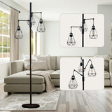 JuGuo 69'' Dimmable Farmhouse Floor Lamp with 3X9W Edison Bulbs, Industrial Vintage Tree Design & Adjustable Diamond Cages, Black Rustic Lighting for Living Room/Office JuGuo