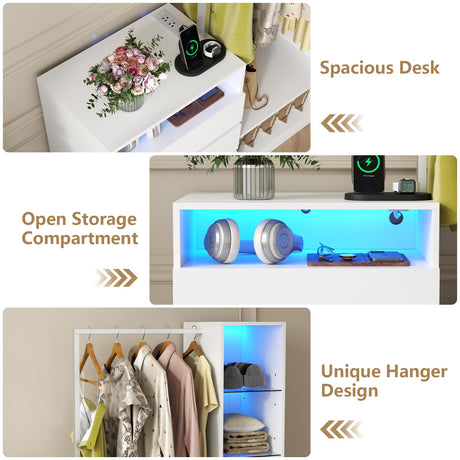 Wardrobe Dresser with Hanging Rack and Drawers - Led Wardrobe Dresser Combo with Charging Station, White Closet Organizers and Storage with Open Shelves, Armoire Clothes Cabinet for Bedroom (White) Auromie
