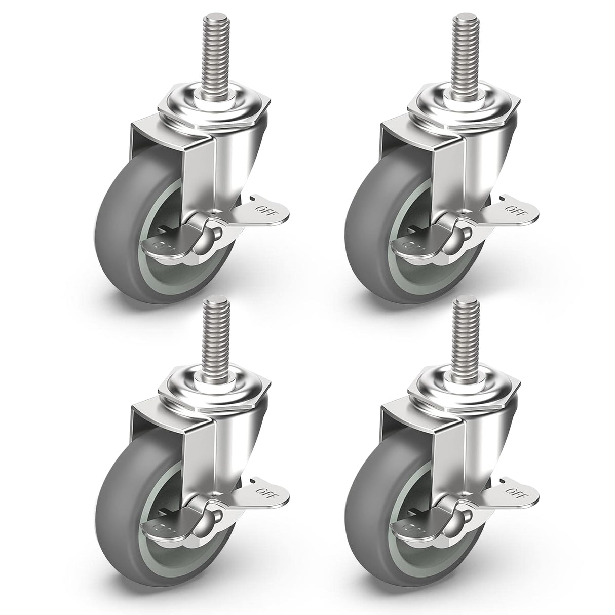 HOLKIE Caster Wheels 3 inch Locking Stem Casters, 3/8" -16 x 1-1/2" (Stem Diameter 3/8", Stem Length 1-1/2") Threaded Stem Casters Swivel Casters Set of 4 Heavy Duty Castors Gray HOLKIE