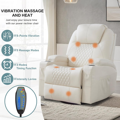 DUNELLA Power Swivel Rocker Recliner Chair for Adults with Heat and Massage, LED Lights, USB and Type-C Ports, Electric Glider Recliner Nursery Chair for Living Room(Beige, Single Sofa) DUNELLA