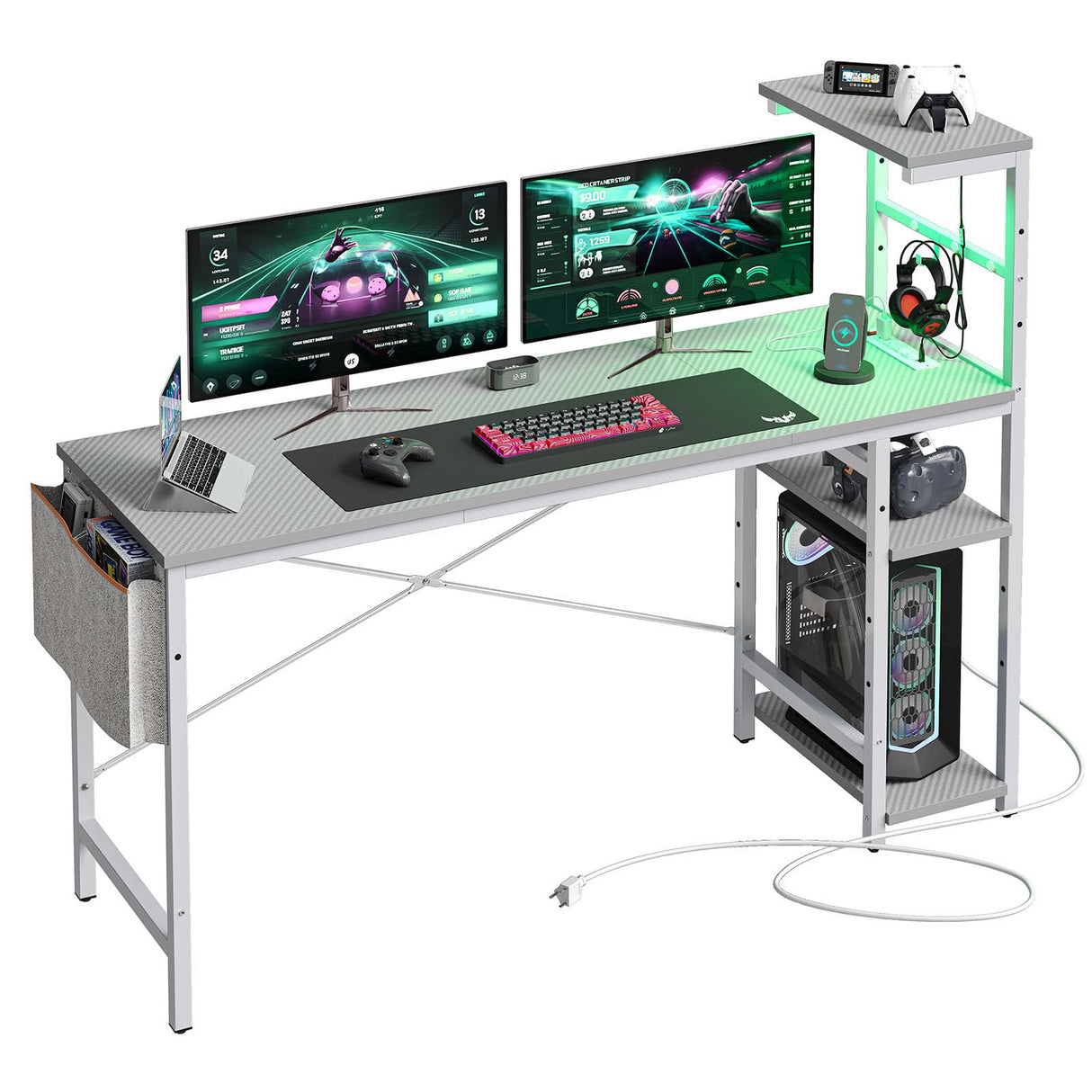 Bestier Gaming Desk with Power Outlets, 61 Inch Large Led Gamer Desk with 4 Tiers Reversible Shelves, PC Gaming Table with Headset Hook & Side Storage Bag for Bedroom (Grey 3D Carbon Fiber) Bestier