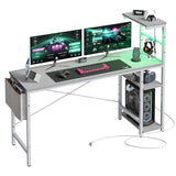 Bestier Gaming Desk with Power Outlets, 61 Inch Large Led Gamer Desk with 4 Tiers Reversible Shelves, PC Gaming Table with Headset Hook & Side Storage Bag for Bedroom (Grey 3D Carbon Fiber) Bestier