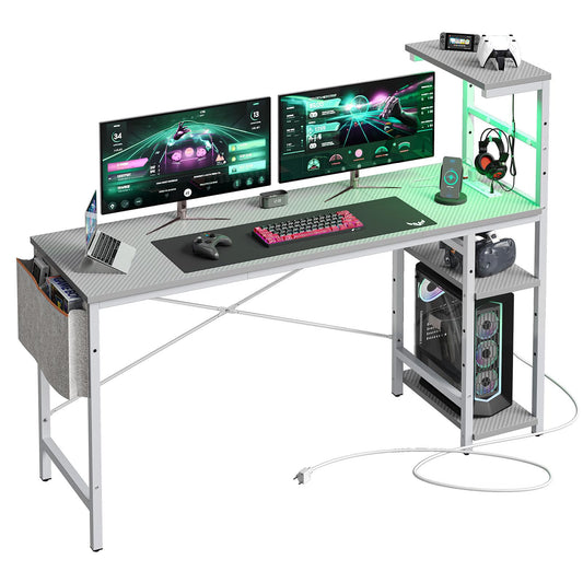 Bestier Gaming Desk with Power Outlets, 61 Inch Large Led Gamer Desk with 4 Tiers Reversible Shelves, PC Gaming Table with Headset Hook & Side Storage Bag for Bedroom (Grey 3D Carbon Fiber) - WoodArtSupply