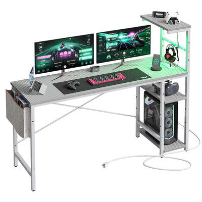 Bestier Gaming Desk with Power Outlets, 61 Inch Large Led Gamer Desk with 4 Tiers Reversible Shelves, PC Gaming Table with Headset Hook & Side Storage Bag for Bedroom (Grey 3D Carbon Fiber)