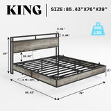AMERLIFE King Size Industrial Floating Bed Frame with LED Lights and Charging Station AMERLIFE