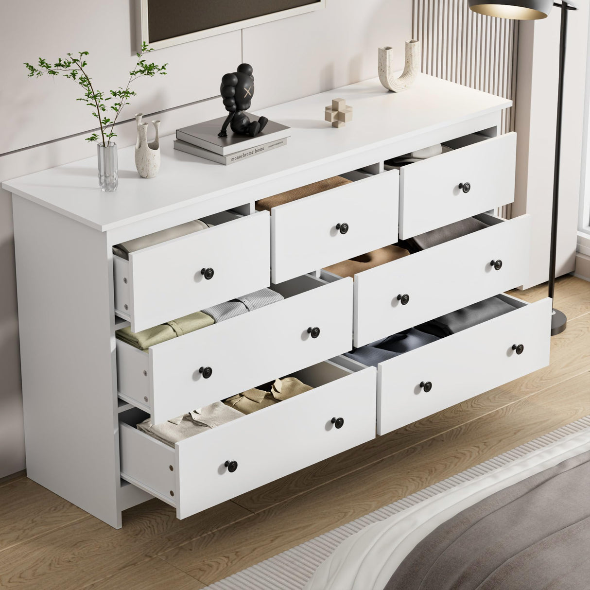JOZZBY 55" White Dresser for Bedroom, 7 Drawer Wooden Double Dresser with Metal Handles, Modern Storage Chest of Deep Dresser for Nursery, Hoom Office, Hallway JOZZBY