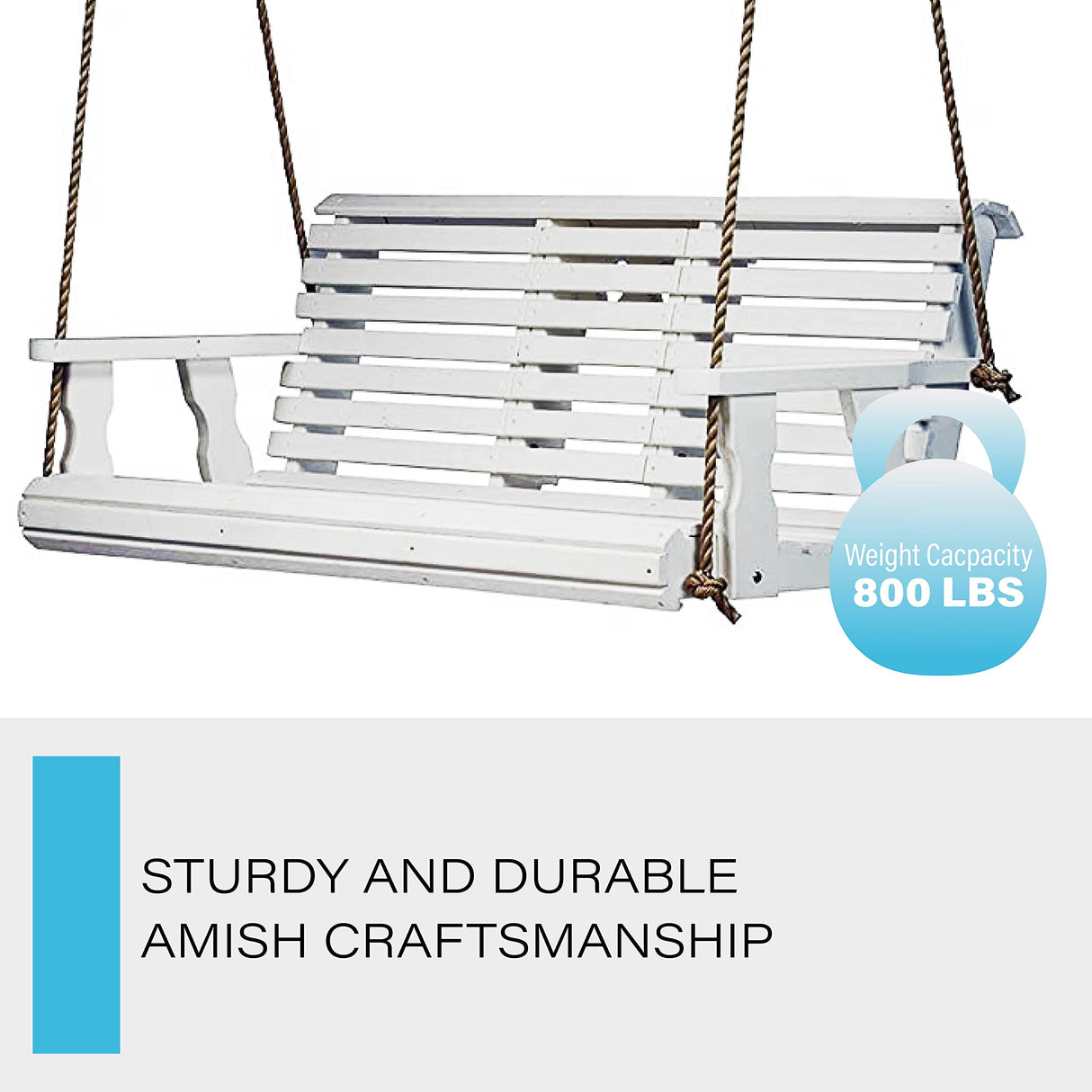 Porchgate Amish Heavy Duty 800 Lb Rollback Console Treated Porch Swing with Hanging Ropes (Semi-Solid White Stain) Porchgate