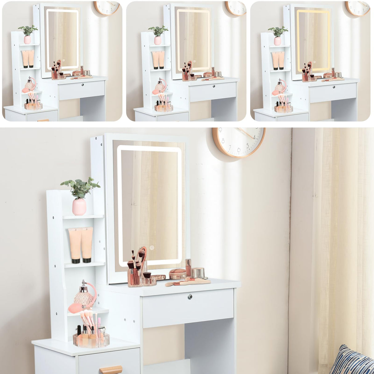 cdar Makeup Vanity Desk with Mirror and Lights, 3 Colour Light Modes Bedroom Dressing Table wih Drawers Shelves Chair Wooden Handles and a Lock Easy cdar