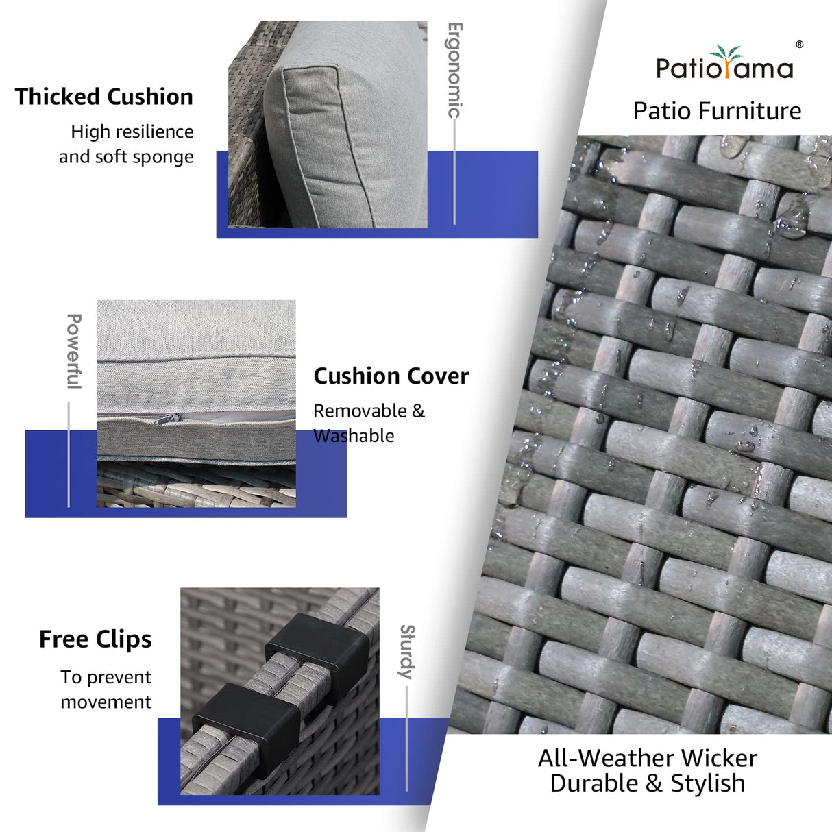 Patiorama 9 Pieces Outdoor Patio Furniture Set,All Weather Grey PE Wicker Rattan Sectional Conversation Set W/Adjustable Chaise Lounge Chair of 2 and Coffee Table,for Porch Garden,Light Grey Cushion Patiorama